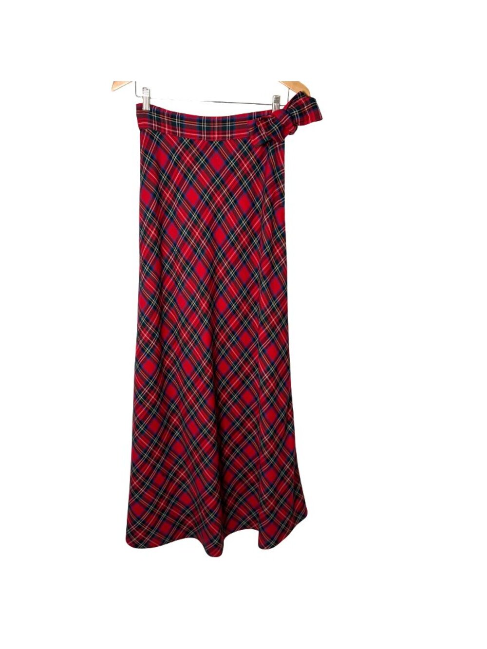 Vintage Red Plaid Maxi Skirt Womens 12 Bow Detail 70s A Line 28" Waist Holiday